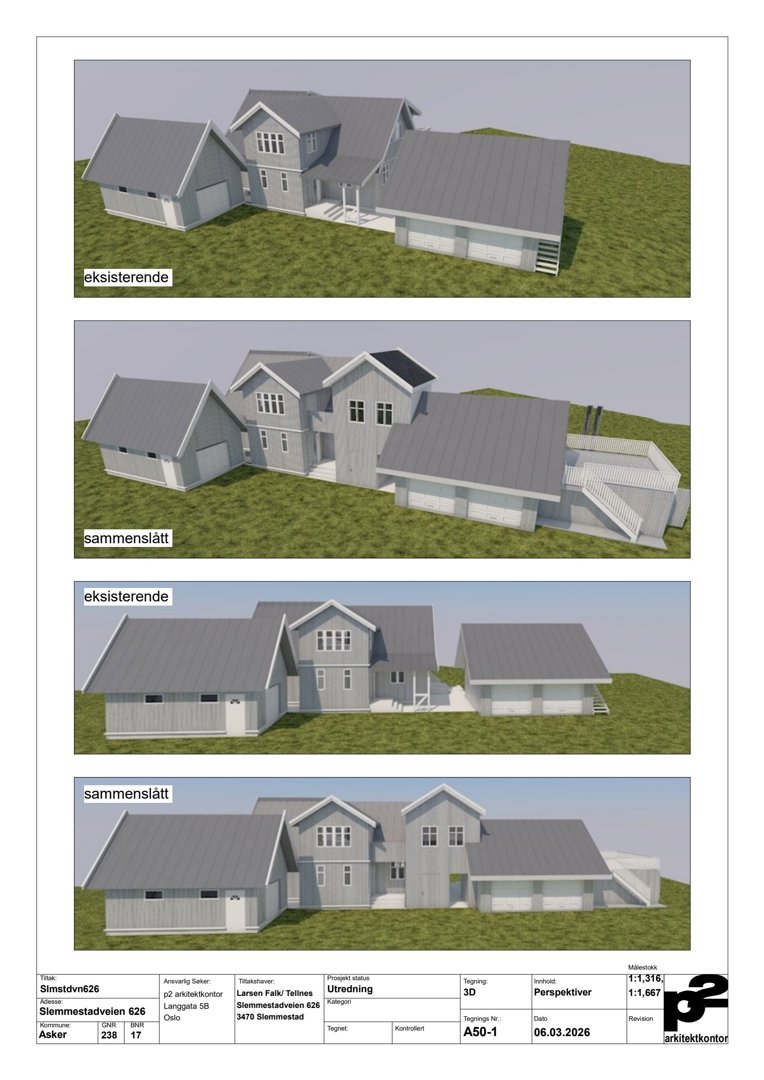 Bildet viser 3D-visualiseringer (renderinger) av en bolig, både eksisterende og sammenslått versjon, sett fra ulike vinkler.