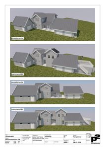 Bildet viser 3D-visualiseringer (renderinger) av en bolig, både eksisterende og sammenslått versjon, sett fra ulike vinkler.