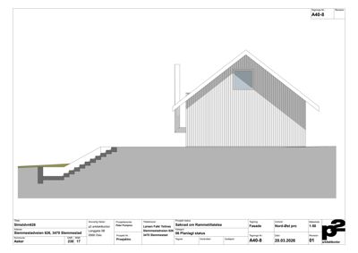 Fasadetegning av en bygning sett fra siden, med visuell fremstilling av takform, veggmateriale og trapp.