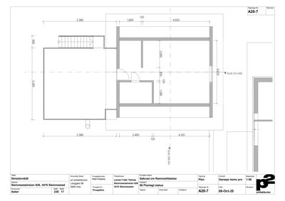 Snittegning av en garasje med mål og veggtykkeler
