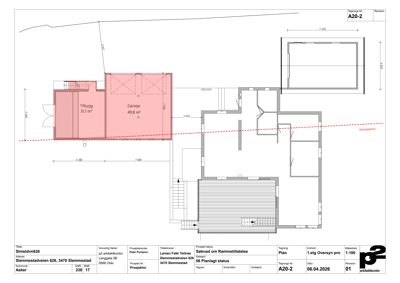 Etasjeplan (oversynsplan) som viser romfordeling, garasje og tilbygg med mål.