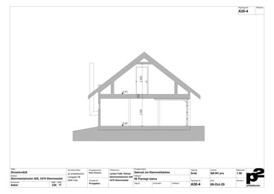 Snittegning av et hus med takkonstruksjon og høydemål.