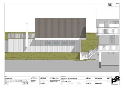 Fasadetegning som viser etasjeplan og fasadeoppsett for en bygning.