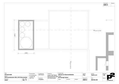 Etasjeplan eller situasjonsplan for kjeller (Soknad om Rammetillatelse) med romfordeling og dimensjoner.