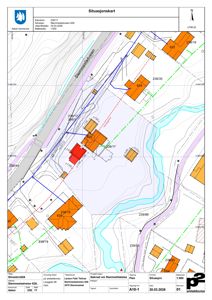 Situasjonskart som viser bygningenes plassering i forhold til veier, eiendomsgrenser og terrengforhold.