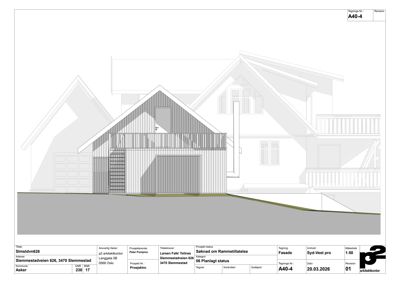 Fasadetegning som viser bygningens utseende fra siden, inkludert takform, vinduer og materialer.
