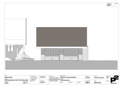 Fasadetegning som viser fronten av en bygning med garasjeporter og trappetrinn.