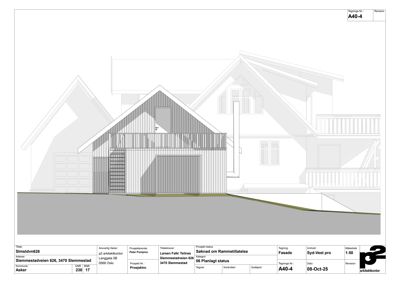 Fasadetegning av en bolig med garasje og terrasse, sett fra fronten.