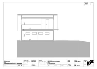 Snittegning av en bygning med høydeangivelser og grunnplan.