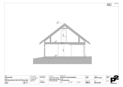 Snittegning av en eksisterende bygning med høydeangivelser.
