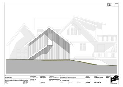 Fasadetegning som viser bygningens utseende fra syd-vest, inkludert takform, vinduer og materialvalg.