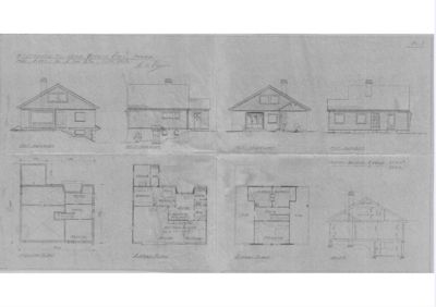 En tegning som viser fasader (oppsett) og et snitt av en bygning.