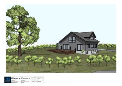 3D-perspektivtegning av et hus med omgivende landskap (trær, gress) og terrasse.