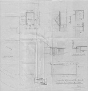 En tegning som viser en situasjonsplan (Planetasje) for en garasje, samt detaljer og snitt (I, II, III) av bygningen.