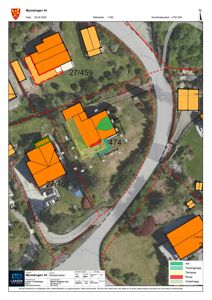 Situasjonsplan for Myraskogen 34 som viser tomtens grenser, naboeiendommer, vegforhold og terrengform (Ark, Terrengtrapp, Terrasse, Rives, Vinterhage).