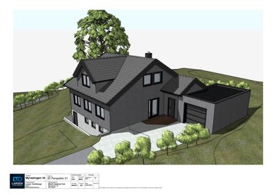 3D-visualisering av et hus med garasje, sett fra en vinkel som viser fasade og deler av tomten.