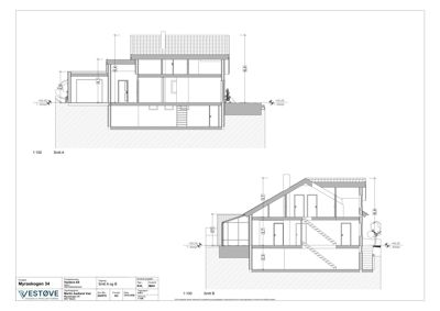 Tegning som viser tverrsnitt gjennom bygningen (Snitt A og Snitt B) med mål og konstruksjonsdetaljer.