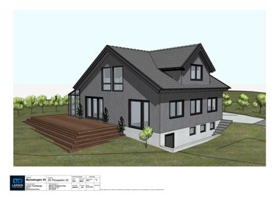 3D-visualisering av et hus med omgivelser (trapp, gress, trær) og tegningsinformasjon i bunnen.