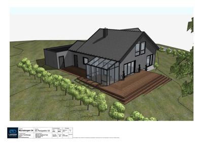 3D-visualisering av en husfasade med omgivelser (trær, terreng, terrasse).