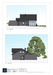 Tegning som viser fasadeopprikk for bygningen sett fra vest og nord.