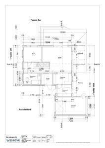 Etasjeplan (Plan 1. etasje) med romfordeling, mål og fasade/snittreferanser.