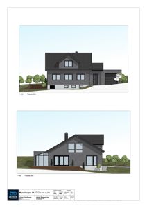 Fasadetegning som viser bygningens utseende fra øst og sør.