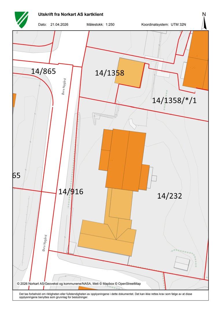 Situasjonsplan (tomtekart) som viser eiendomsnummer, bygningers plassering og vegnett.