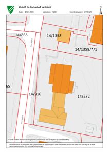 Situasjonsplan (tomtekart) som viser eiendomsnummer, bygningers plassering og vegnett.