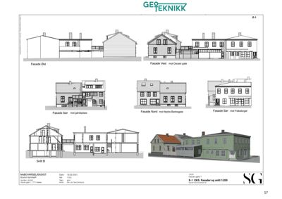 Bildet viser en tegning med fasadeopprikk og et snitt av en eksisterende bygning. Det er merket 'Fasade Øst', 'Fasade Vest', 'Fasade Sør', 'Fasade Nord', 'Snitt B' og 'EKS. Fasader og snitt 1:200'.