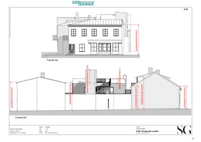 Bildet viser fasadetegninger for en bygning, spesifikt 'Fasade Sør' og 'Fasade Øst', med mål og høydeangivelser.