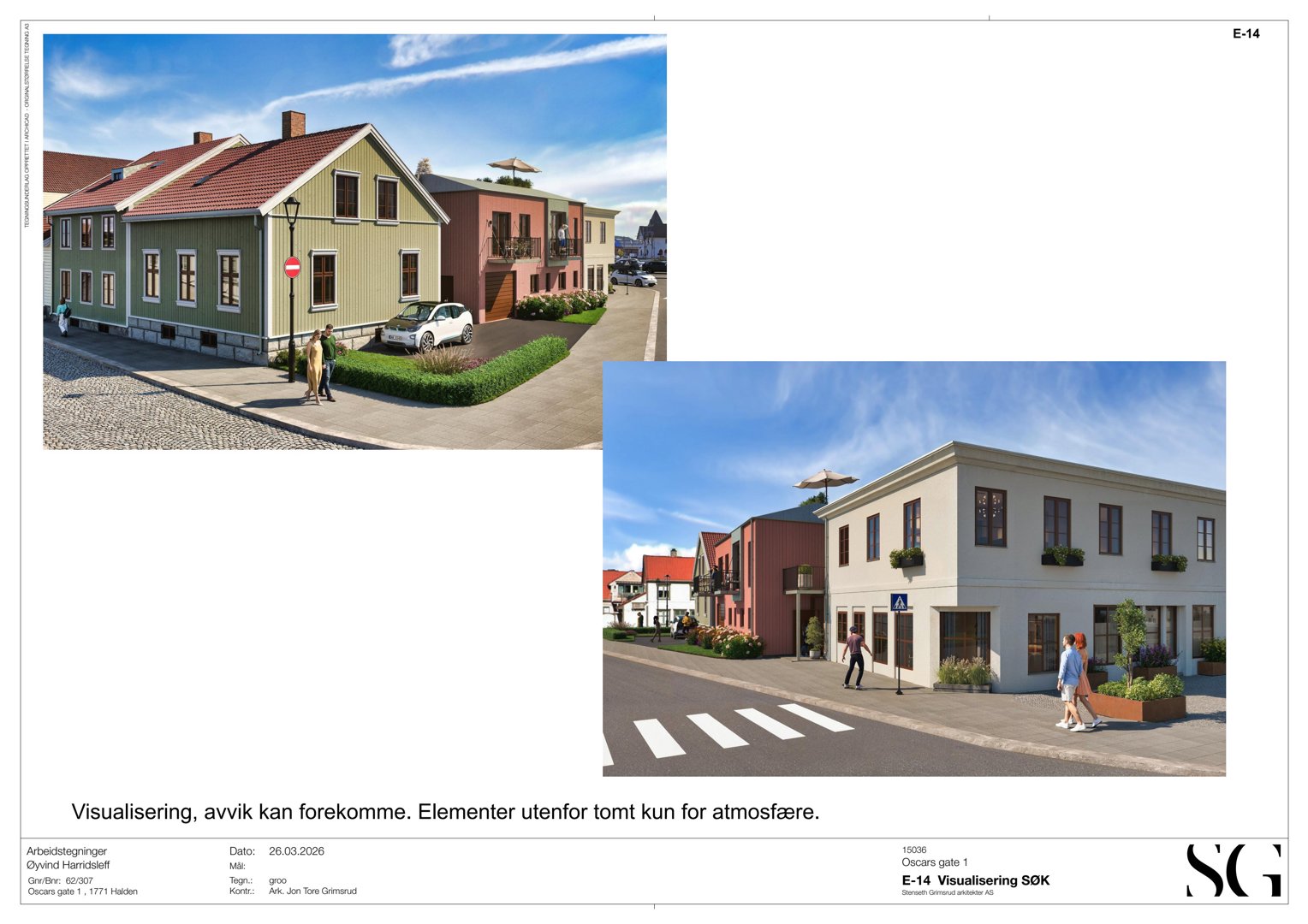 3D-visualisering av et boligprosjekt (Oscar gate 1) med to perspektiver: et fra gaten og et nærmere fasaden.