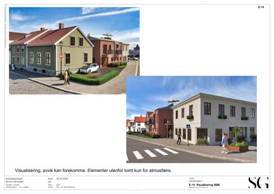 3D-visualisering av et boligprosjekt (Oscar gate 1) med to perspektiver: et fra gaten og et nærmere fasaden.