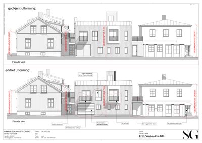 Fasadetegning som viser en eksisterende og en endret utforming av en bygning sett fra vest.