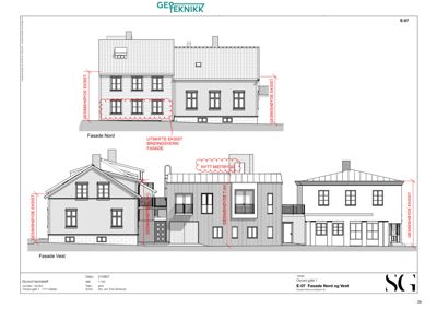 Fasadetegning som viser bygningens utseende sett fra nord og vest, med mål og notasjoner.