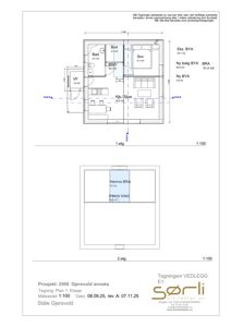 Plantegning som viser romfordeling og arealoppdeling for etasje 1 (1.etg) og etasje 2 (2.etg) av en bolig.