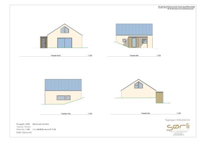 Fasadetegning som viser bygningens utseende fra fire sider (Nord, Øst, Vest og Sør).