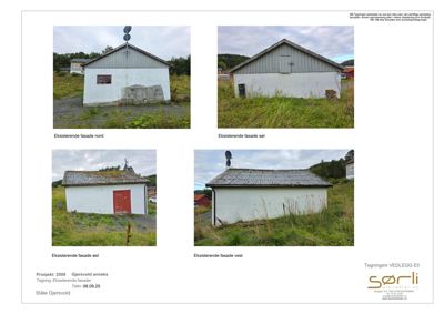 Fotografisk dokumentasjon av eksisterende fasader på en bygning (nord, sør, øst, vest).
