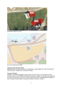 Bildet viser en flyfoto med overlagte arealer (rødt) og et kart under som viser dyrkamark, samt tekster om omdisponering og hensyn til natur.