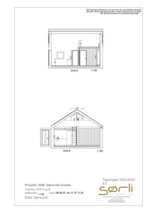 Tegning som viser tverrsnitt gjennom bygningen (Snitt A og B) med mål og konstruksjonsdetaljer.