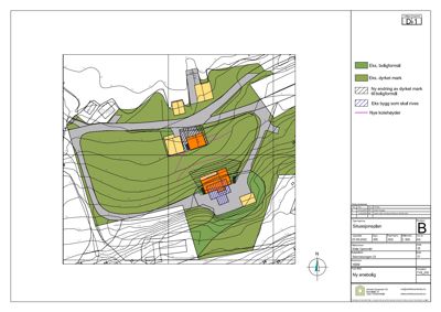 Situasjonsplan som viser eksisterende og nye bebyggelser, vegnett, terrengforhold (konturlinjer) og arealbruk på tomta.