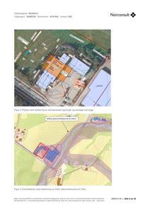 Bildet viser en flyfoto (topografisk kart) med overlagte tegninger som markerer eksisterende bygninger (grå), planlagt nytt bygg (oransje) og arealer for flom (rød og blå farge).