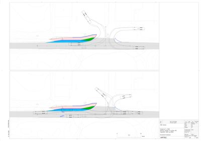 Snittegning som viser bygningens tverrsnitt, høyder og grunnplan i forhold til omgivelsene.