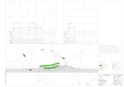 Situasjonsplan som viser en ny fyllingsvegg (grønn) i forhold til eksisterende veier og terrenglinjer.