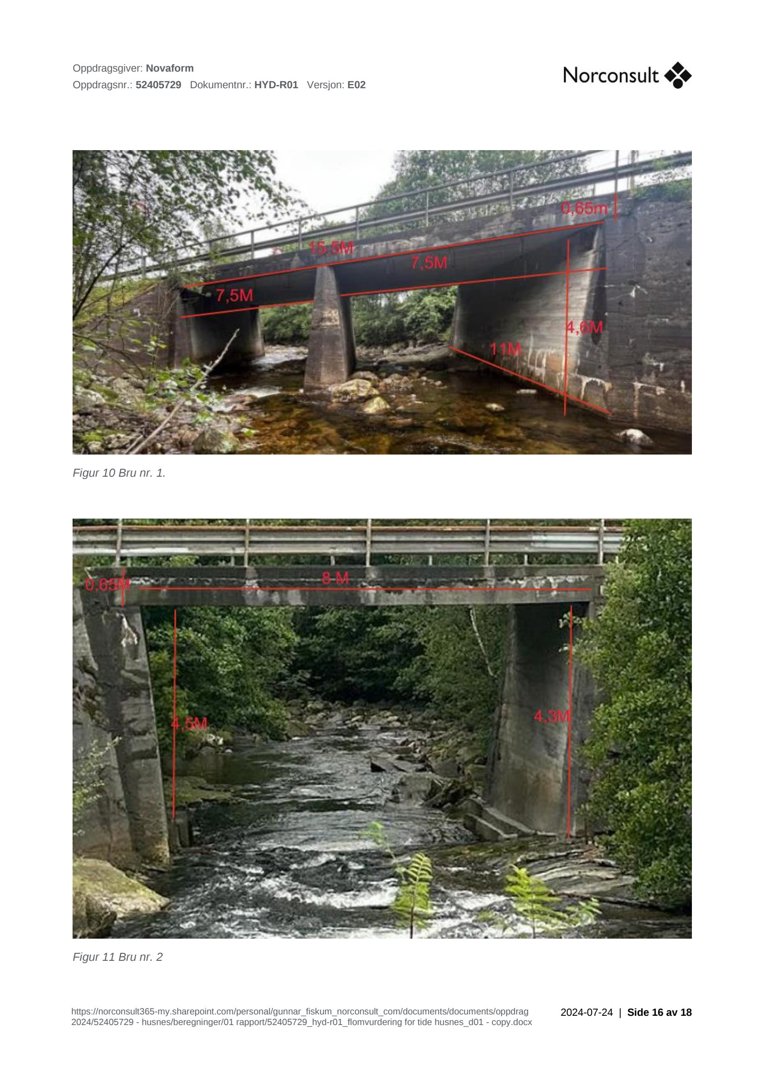 Fotografier av to broer (Bru nr. 1 og Bru nr. 2) med overlagte målelinjer og dimensjoner.