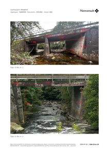 Fotografier av to broer (Bru nr. 1 og Bru nr. 2) med overlagte målelinjer og dimensjoner.