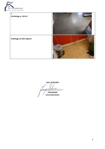 Fotografier av gulvbelegg i en bygning, inkludert et grått flisgulv og et lyst tregulv ved en rød vegg.