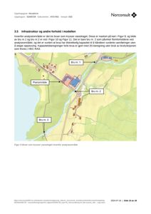 Et kart som viser et analyseområde med tre broer (Bru nr. 1, 2 og 3) som krysser et vassdrag, samt et planområde.