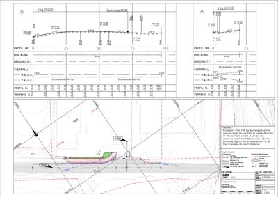 Situasjonsplan med profilering og terrengforhold for en vei (Veg 10000) i et byggeområde.