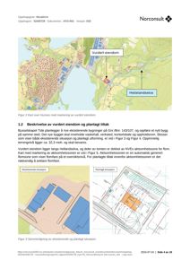 Bildet viser en side fra et rapportdokument som inneholder to kartfigurer (Figur 2 og Figur 3) som illustrerer eiendomssituasjon, flomfare og planlagt utbygging.