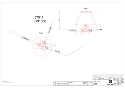 Tegning som viser detaljert konstruksjon av en vann- eller avløpsledning med ventil, inkludert snitt og planutsnitt.